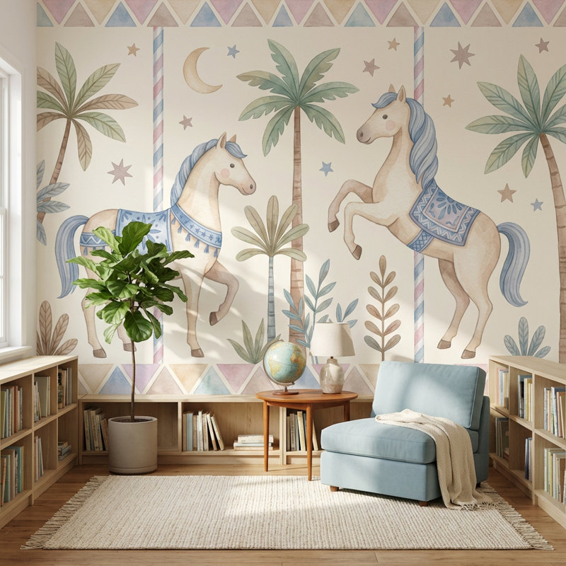 Murale géométrique pastel Whimsical Horses, 120"x96", Peler et coller