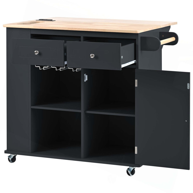 Kitchen Island With Power Outlet,Kitchen Storage Island With Drop Leaf And Rubber Wood,Open Storage And Wine Rack,5 Wheels,With Adjustable Storage For Home, Kitchen,And Dining Room