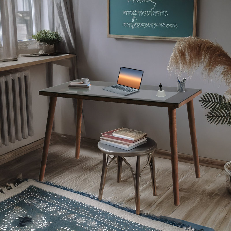 Bureau d'écriture en bois de pin massif avec cadre en verre trempé