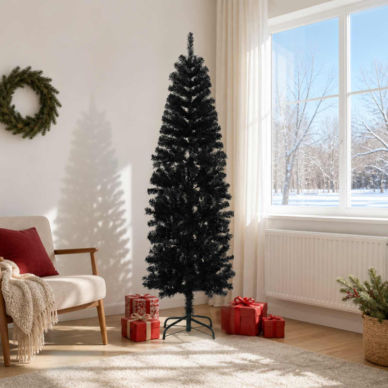 Artificial Slim Christmas Tree PVC and Steel Pencil Christmas Tree, 180 cm, Black