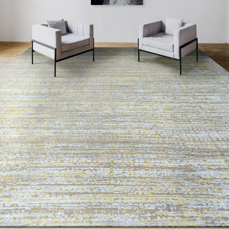 Hand Knotted Striped Area Rug in Gold/Gray/Blue, Rectangle 8' x 10'