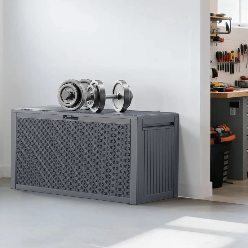90 Gallon Gray Plastic Storage Deck Box, 45.67”×19.49”×23.23” Outdoor Patio Container With Maze Texture , 19Lbs – Ideal For Garden Tools/Cushions/Pool Supplies, Weather-Resistant, Hinged Lid (Lockable), Doubles As Bench/Table