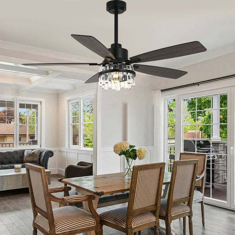 52" Modern Crystal Ceiling Fan with Light Kit and Remote Control 6-speed Reversible for Living Room DC Motor
