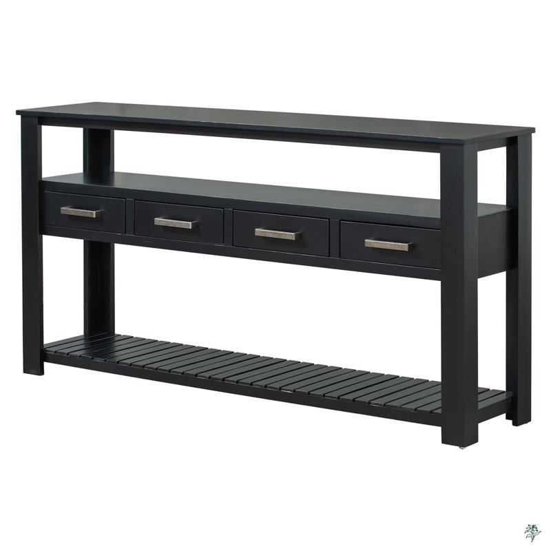 Table console moderne pour salon avec 4 tiroirs et 2 tablettes, Noir, noir, noir, noir