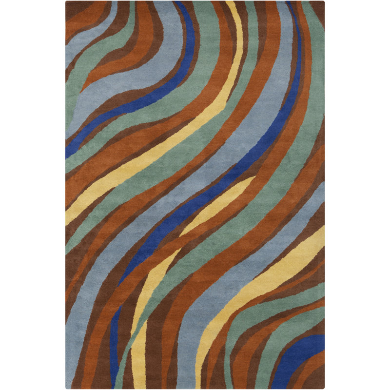 Tapis abstrait moderne en laine touffeté à la main brun, bleu, jaune, or et vert Ailey