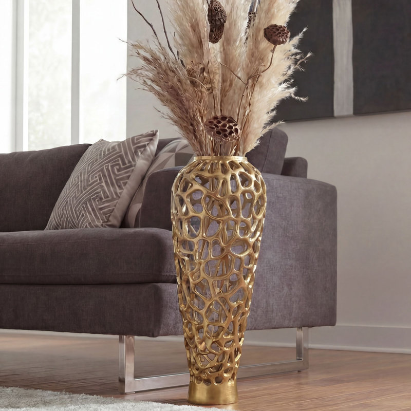 Tall Silver Aluminium Floor Vase, 60cm H x 24cm W x 24cm D, Gold