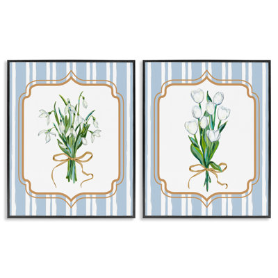 White Flowers Classic Stripes 2pc Framed Giclee Set, design by Adonna Ebrahimi