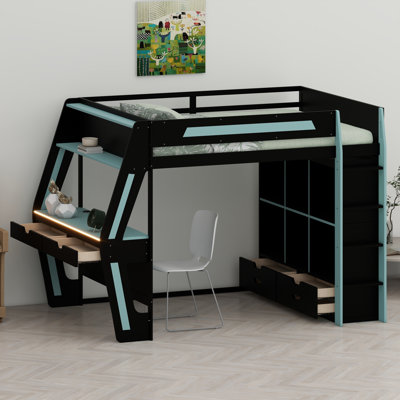 Gaming Loft Bed with Integrated Desk, Smart RGB LED Lights, USB Ports, Storage Drawers 