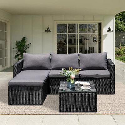 Ensemble de conversation modulaire en rotin 3 pièces avec coussins Harbaugh