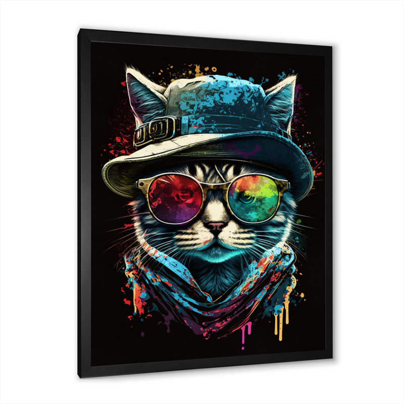 Art mural sur toile Cool Cat avec lunettes de soleil et chapeau I, Cadre noir, L 24 po x H 32 po