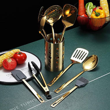 Black and Gold Kitchen Utensils Set 6pc Black Silicone Utensils Set Includes: Gold Tongs, Gold Whisk, Gold Serving Spoon, Gold Spatula & Turner-Black