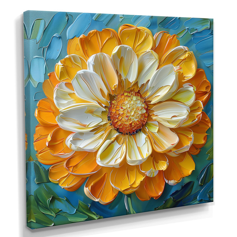 Peinture jaune jaune souci en fleurs I - décoration murale souci, Toile tendue, H 16 po x l 16 po x P 1 po