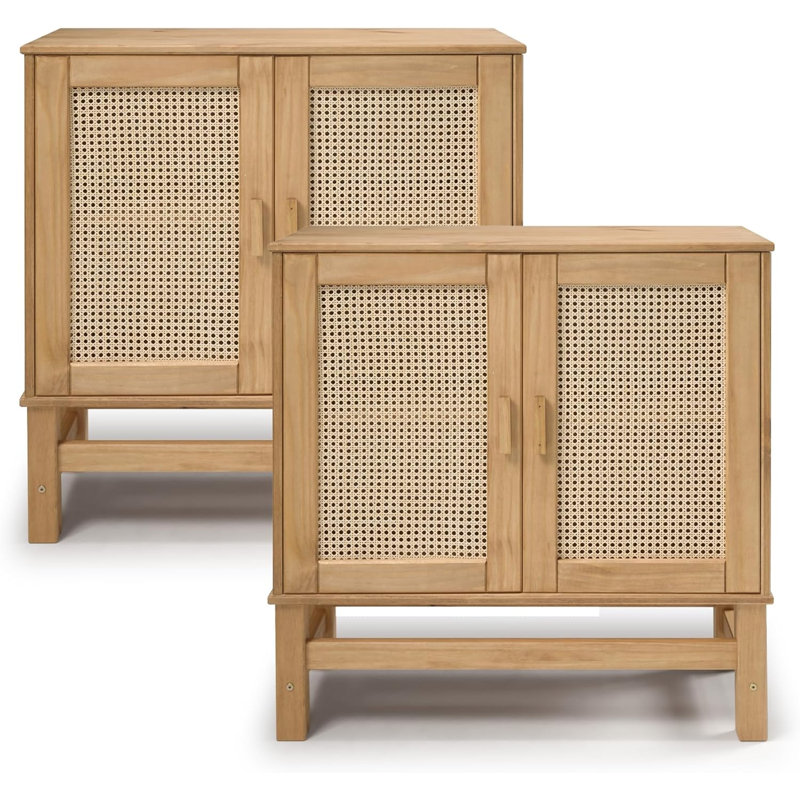 Ensemble de 2 buffets en bois naturel avec portes en rotin tissé et tablettes intérieures