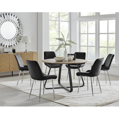 Sandy Classic Wood Effect & Metal Dining Table Set with 6 Luxury Velvet Dining Chairs