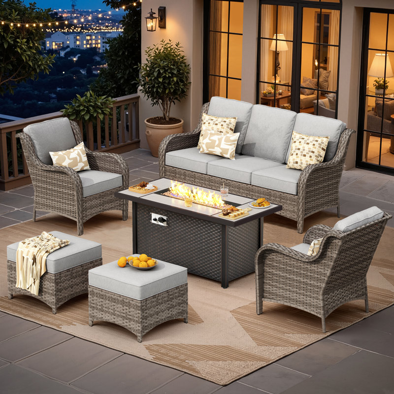 5 - Person Wicker Outdoor Conversation Set, Patio Sofa Set with Fire Pit and Cushions, Gray Cushion/Gray Frame