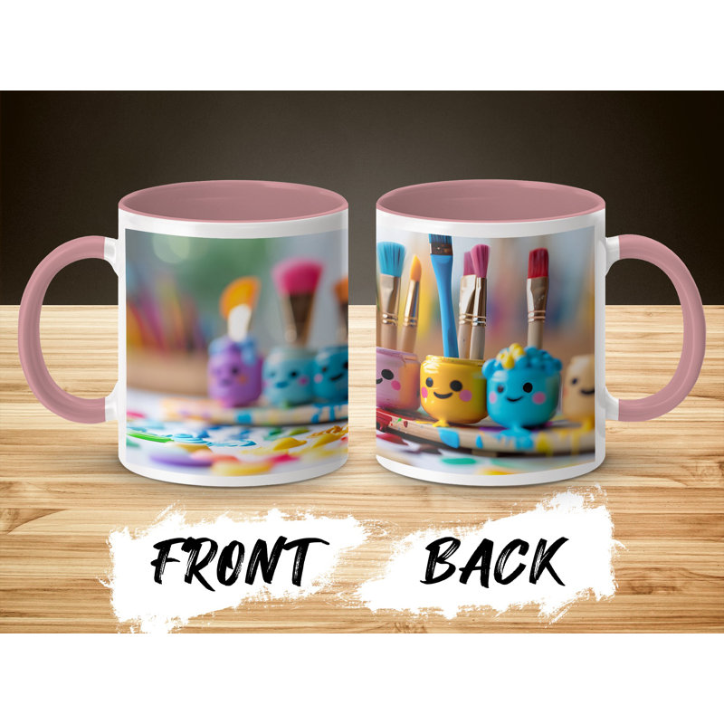 Kids Drawing Style 11oz Accent Mugs – Ceramic Coffee Cup with a Pink Handle and Interior
