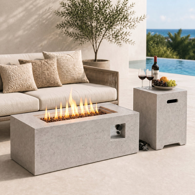 Ensemble de table de foyer d'extérieur au propane 40 000 BTU avec couvercle de réservoir, Beige