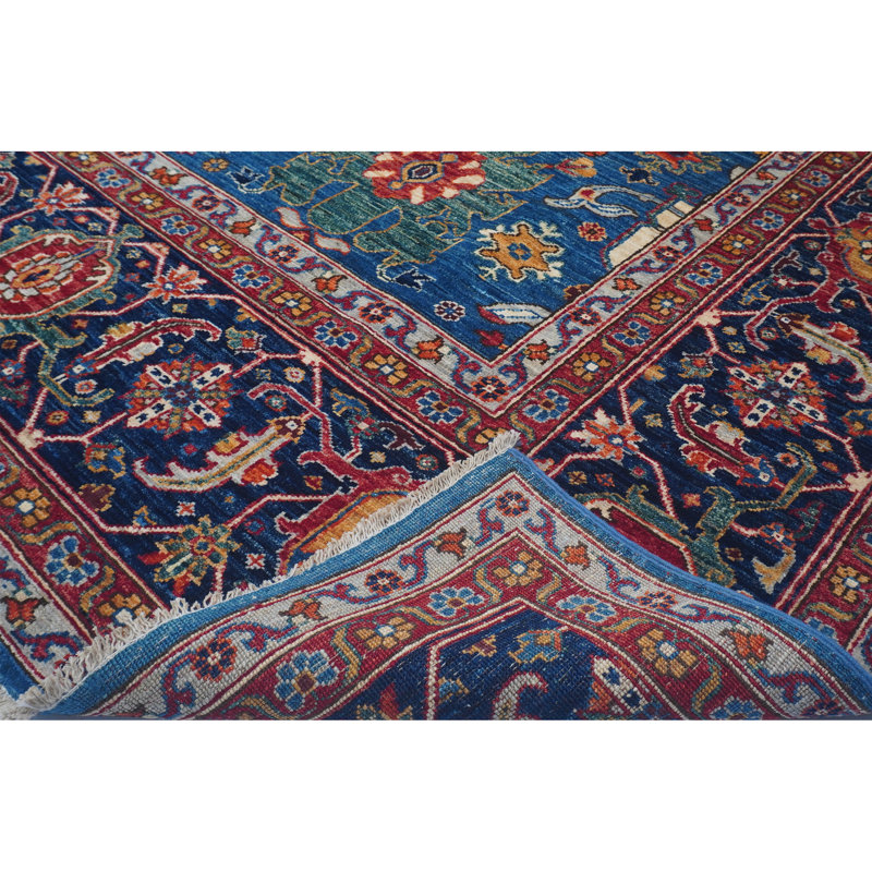 Hand Knotted Wool Oriental Area Rug in Red/Navy/Yellow