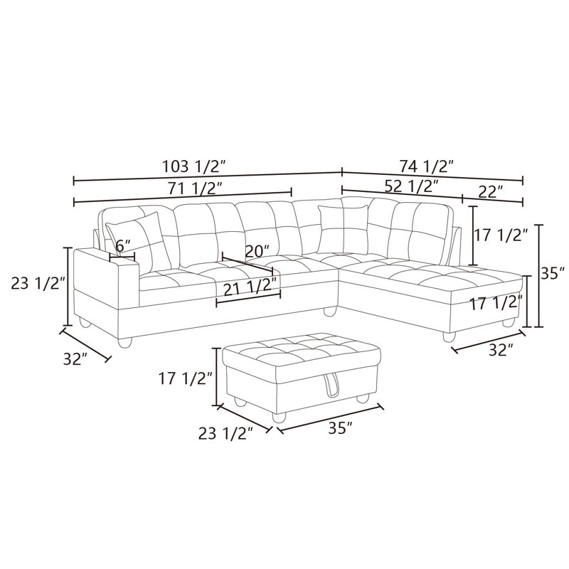 Canapé modulaire avec repose-pieds 103,5 po Tatiauna, Accoudoir à droite (vu de face), Velours bleu