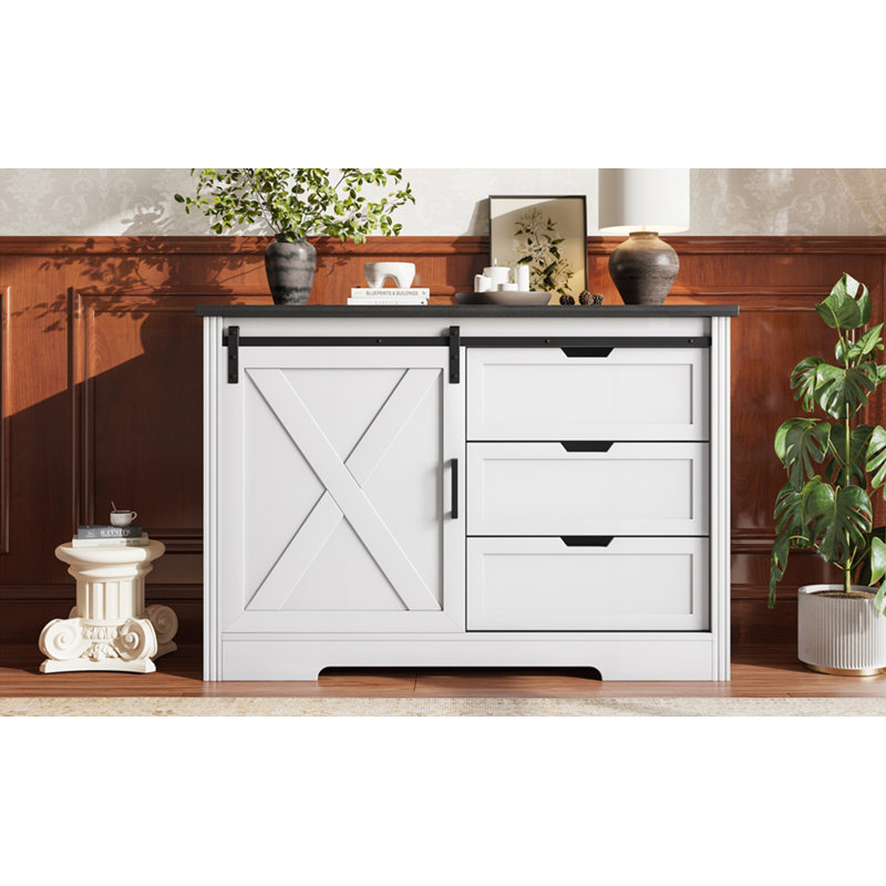 Storage Sideboard with Silent Sliding Doors and Three Drawers, White