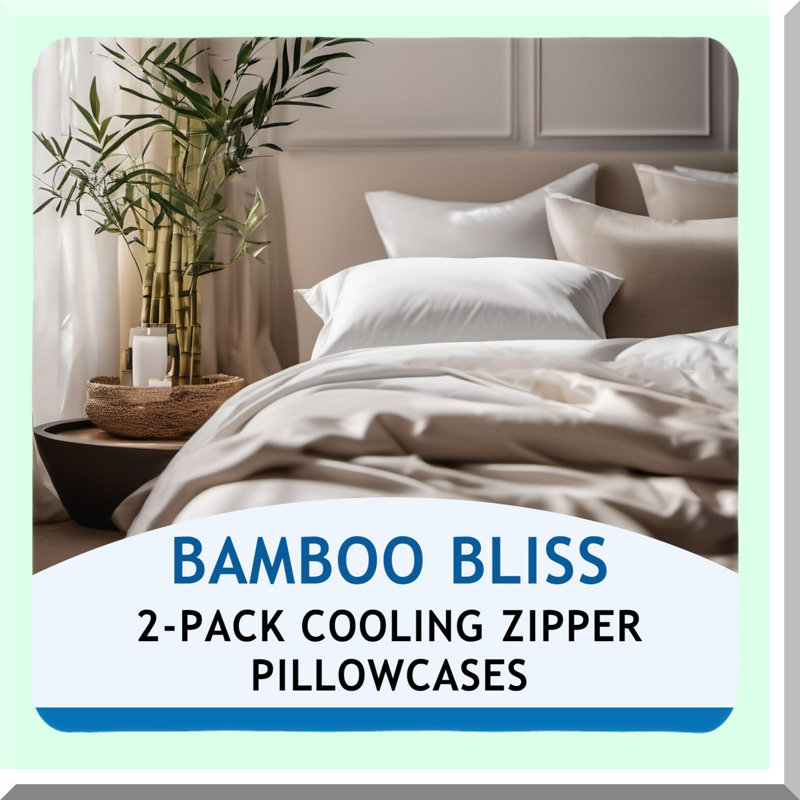 Cool Rayon From Bamboo Queen Pillowcase Set - 2-Pack Cooling Cases for Hot Sleepers. Zipper Closure, Breathable Fabric, Queen Size. Ideal for a Cool and Comfortable Sleep Experience.