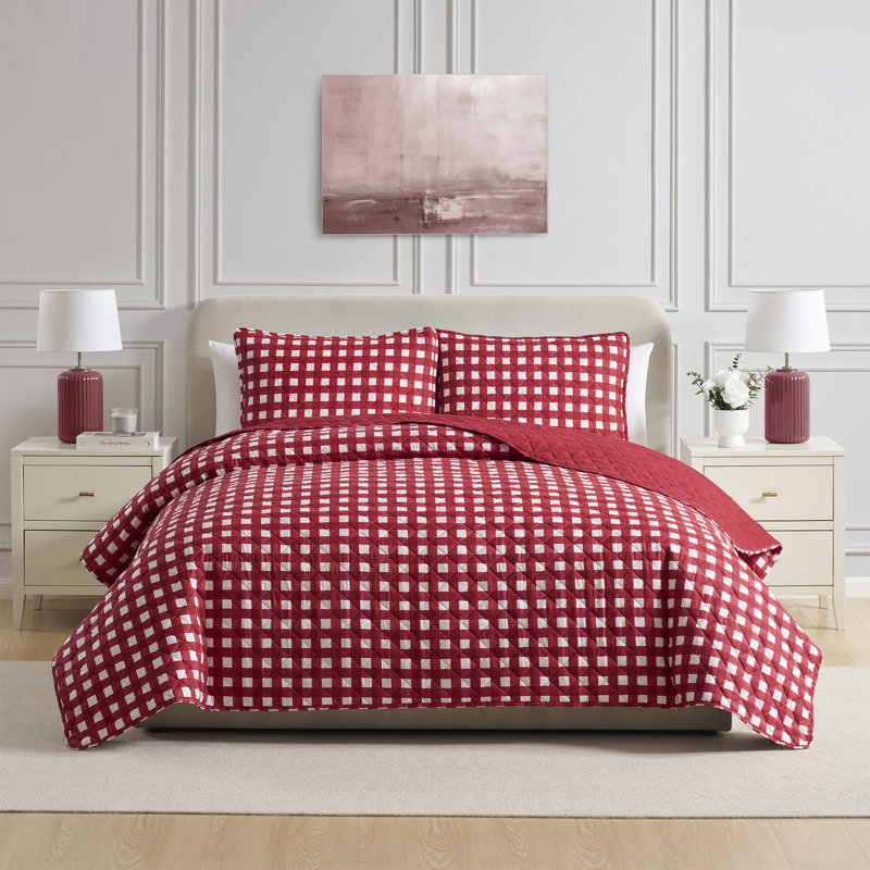 VCNY Home Gingham Microfiber Quilt Set, King Quilt + 2 King Shams, Red