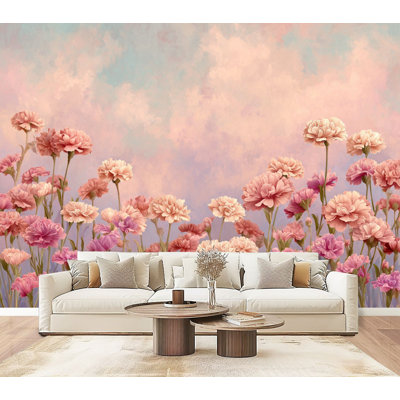 Floral Peel and Stick Wallpaper Watercolor Floral Landscape Dreamy Pink Peach Blooms Wall Murals 69"H x 96"W Removable PVC Wall Paper Self-Adhesive Wall Decor for Bedroom Living Room Home Office