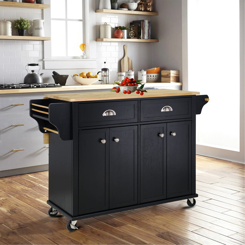Îlot de cuisine en bois massif avec abattant Lanelle, certifié Greenguard Gold, Noir, noir, noir, noir