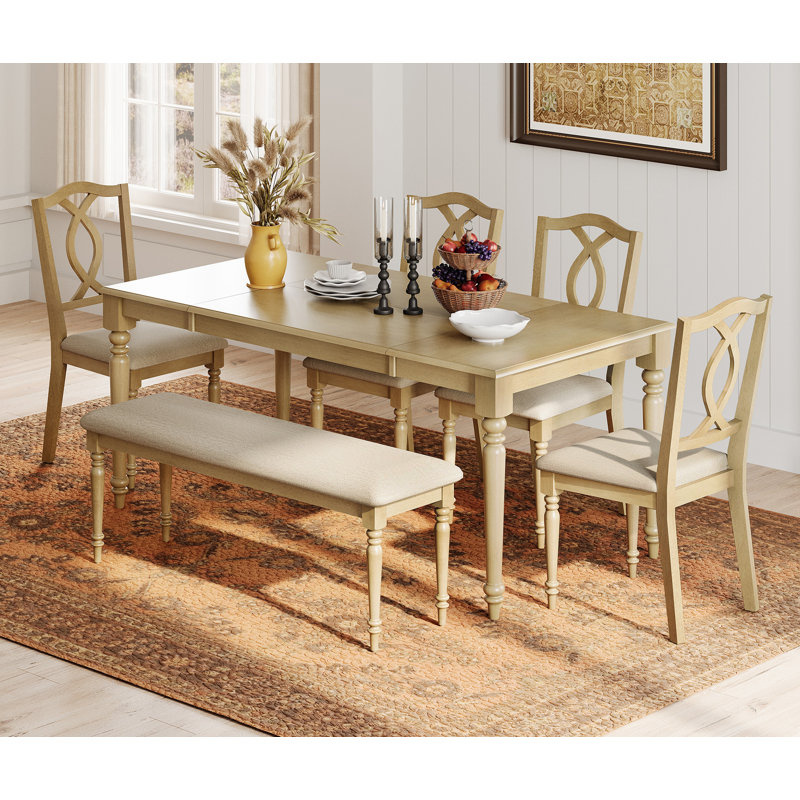 6 Piece Dining Table Set - Includes One Dining Table, One Upholstered Bench, 4 Wood Dining Chairs, Farmhouse Dining Set, Oak