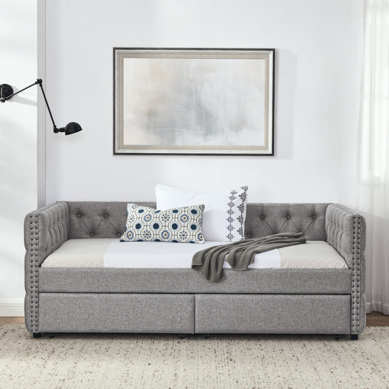 Upholstered Daybed With Two Drawers, With Button And Copper Nail On Square Arms