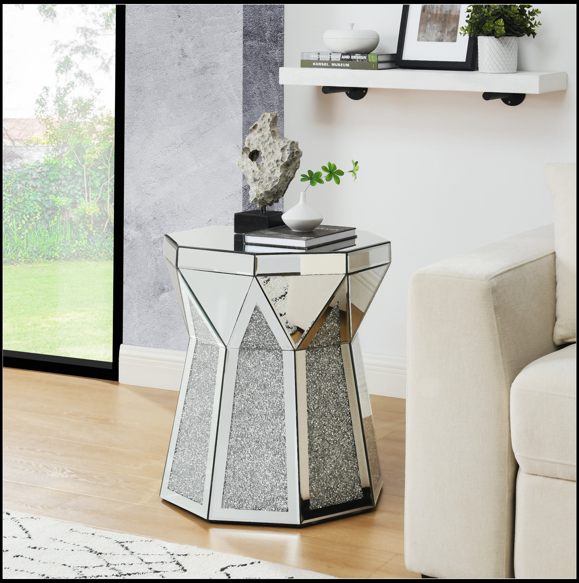 Drum style coffee table with mirror crystal inlay, polygonal silver decorative table, modern design luxury modern furniture, 20 inch (about 50 centimeters) low coffee table, suitable for living room
