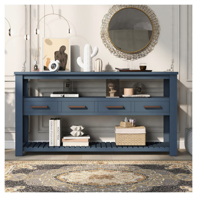 U_STYLE Console bleu marine de 61,5 po avec 4 tiroirs et 3 tablettes ouvertes à 3 niveaux, grande table d'entrée avec poignées en métal pour le salon, le couloir et le vestibule