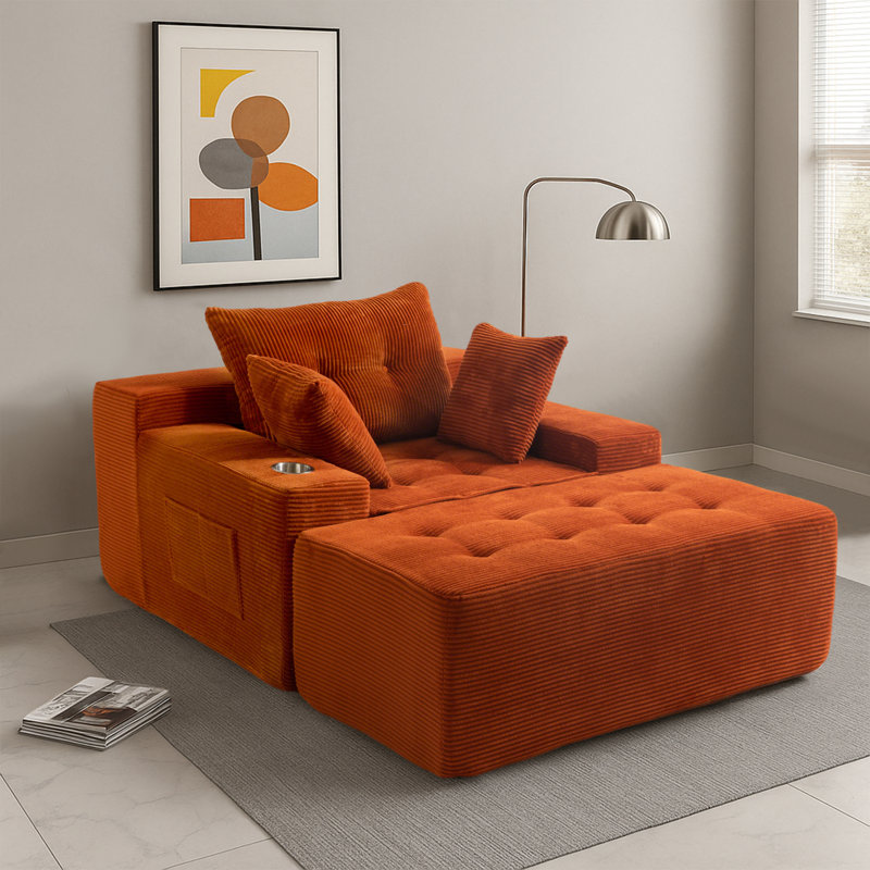 Orange Corduroy Bean Bag Sofa With Ottoman, Orange Corduroy