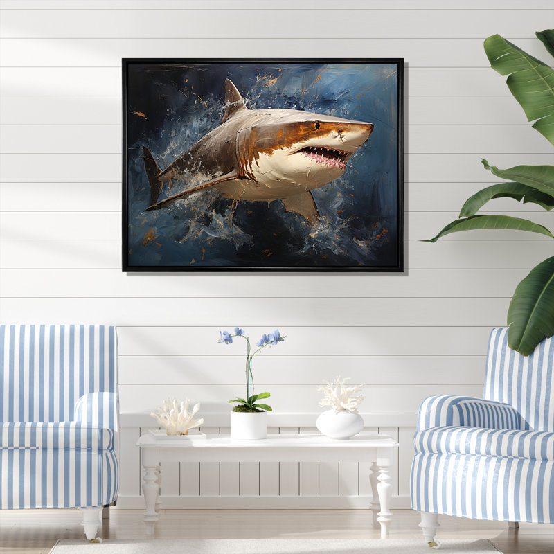 Underwater Shark attack I - Shark Large Wall Art, Black Floater Framed, 24" H x 32" W x 1" D