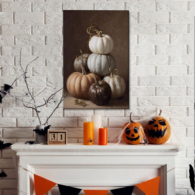 1Pc Framed Vintage Halloween Canvas Wall Art Prints, Pumpkin Still Life, Multi-Colored Pumpkins Stacked, Realistic Oil Painting Style Poster Paintings Ideal Gift For Living Room Bedroom Corridor Wall Decor Room Decoration