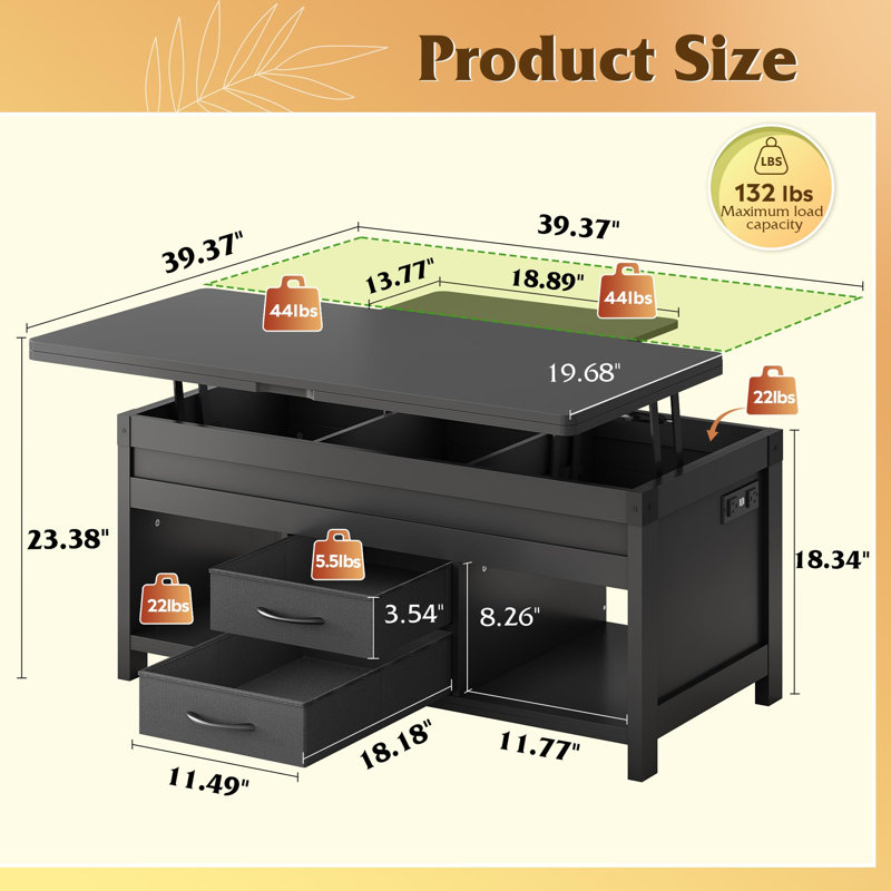 Table basse à plateau relevable 40 po, Black