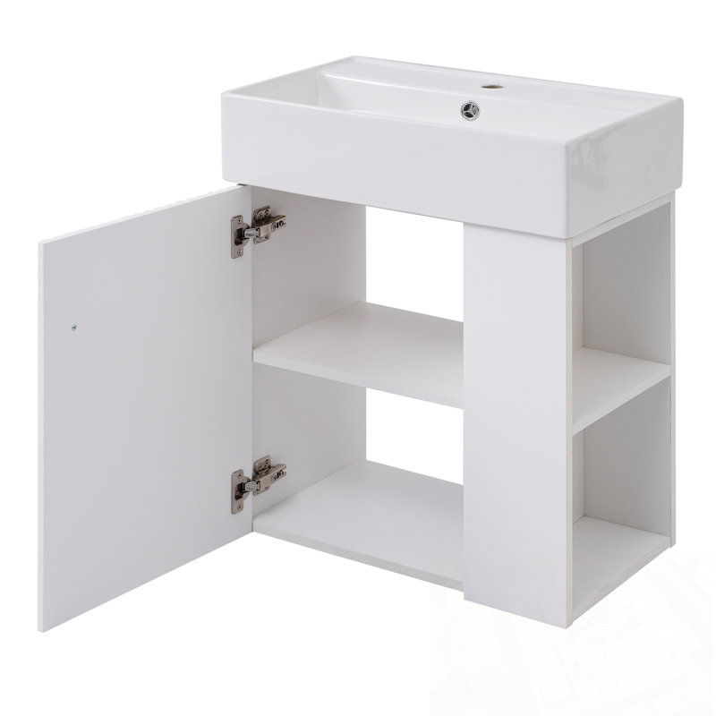 Meuble-lavabo flottant avec lavabo en céramique et rangement à droite, Blanc