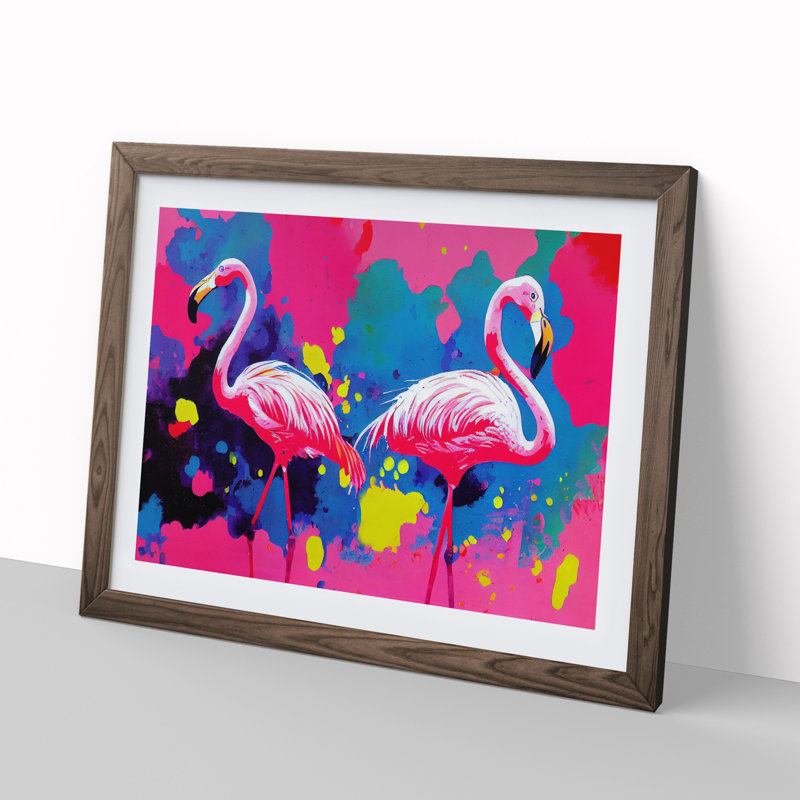 Flamingo Splash - Single Picture Frame Print, 46cm H x 64cm W x 2cm D, Walnut