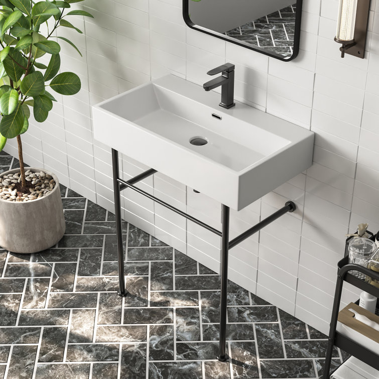Rectangular 30 Ceramic Console Sink White Basin with Overflow Single Faucet Hole