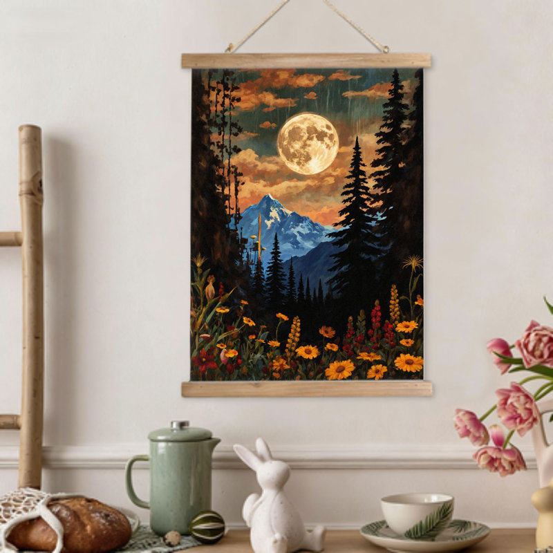 Paysage de montagne avec pleine lune, art mural volute suspendu, cintre en bois intégré, 16 x 24