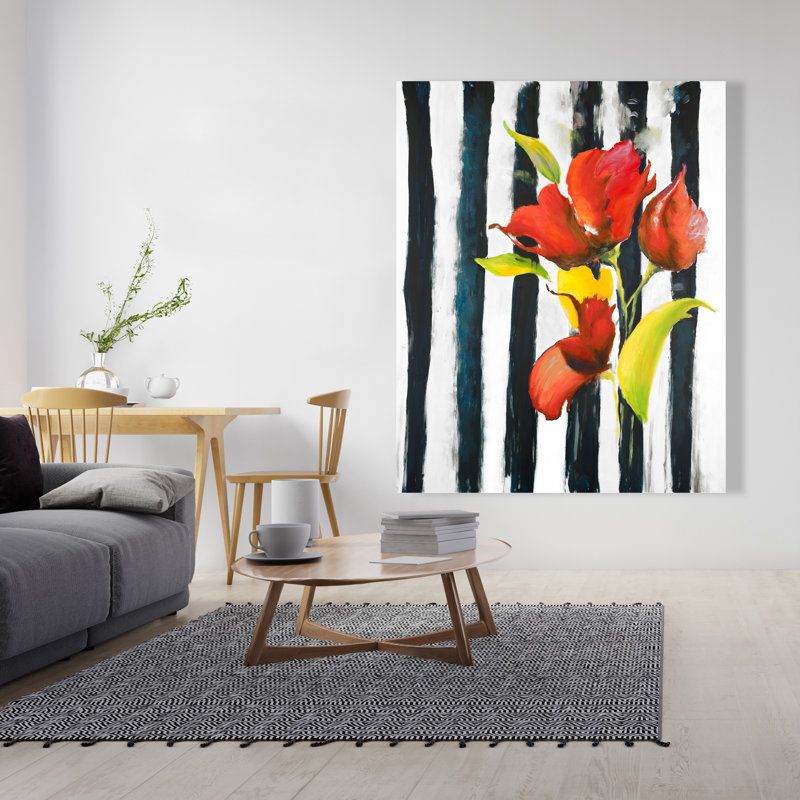 Fleurs sur rayures noires et blanches - décor de toile jaune