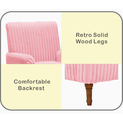 Chaise d'appoint moderne avec velours côtelé large de 3,5 cm de largeur, pieds en bois massif de 9 po et fauteuil rembourré confortable de couleur rose pour le salon