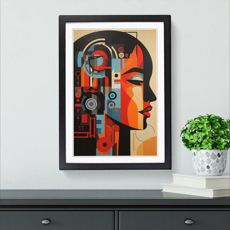 Indian Woman Constructivism No.3 - Single Picture Frame Print on Wood, 46cm H x 34cm W x 2cm D, Black 