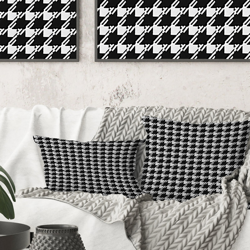 Coussin noir et blanc Houndstooth - Mid-Century, H 16 po x l 16 po