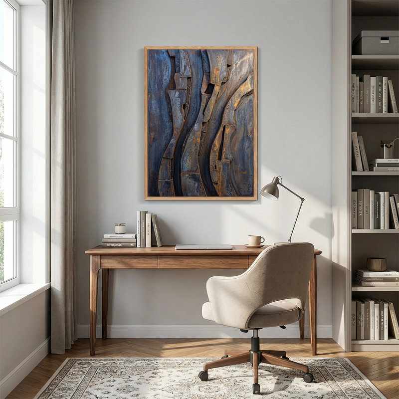 Art abstrait abstrait, bandes de métal rouillé sur toile bleue et orange, 48"H x 36"W