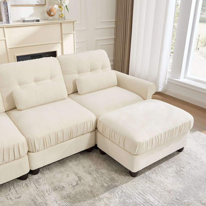 Canapé modulable 4 places avec un pouf et des coussins de soutien lombaire, Beige Chenille