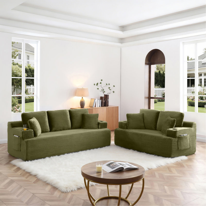 Canapé désossé avec 2 coussins supplémentaires, tissu en velours côtelé 5 places avec porte-gobelet et pochettes latérales