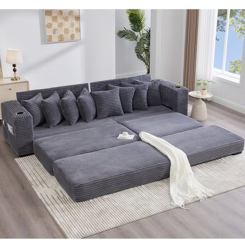 Canapé modulaire en L de 110,75 pouces avec repose-pieds mobile, porte-gobelets et 8 coussins décoratifs, convertible en lit
