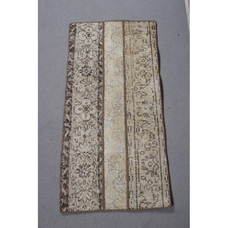 Vintage Turkish Patchwork Carpet Beige Area Rug Handmade Wool Rug Unique Accent Rug in Small Size