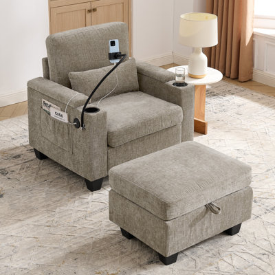 Canapé inclinable simple avec dossier réglable manuellement, port de charge USB sur le côté de l'accoudoir, support pour téléphone inclus, rangement caché pour l'accoudoir et repose-pieds assorti